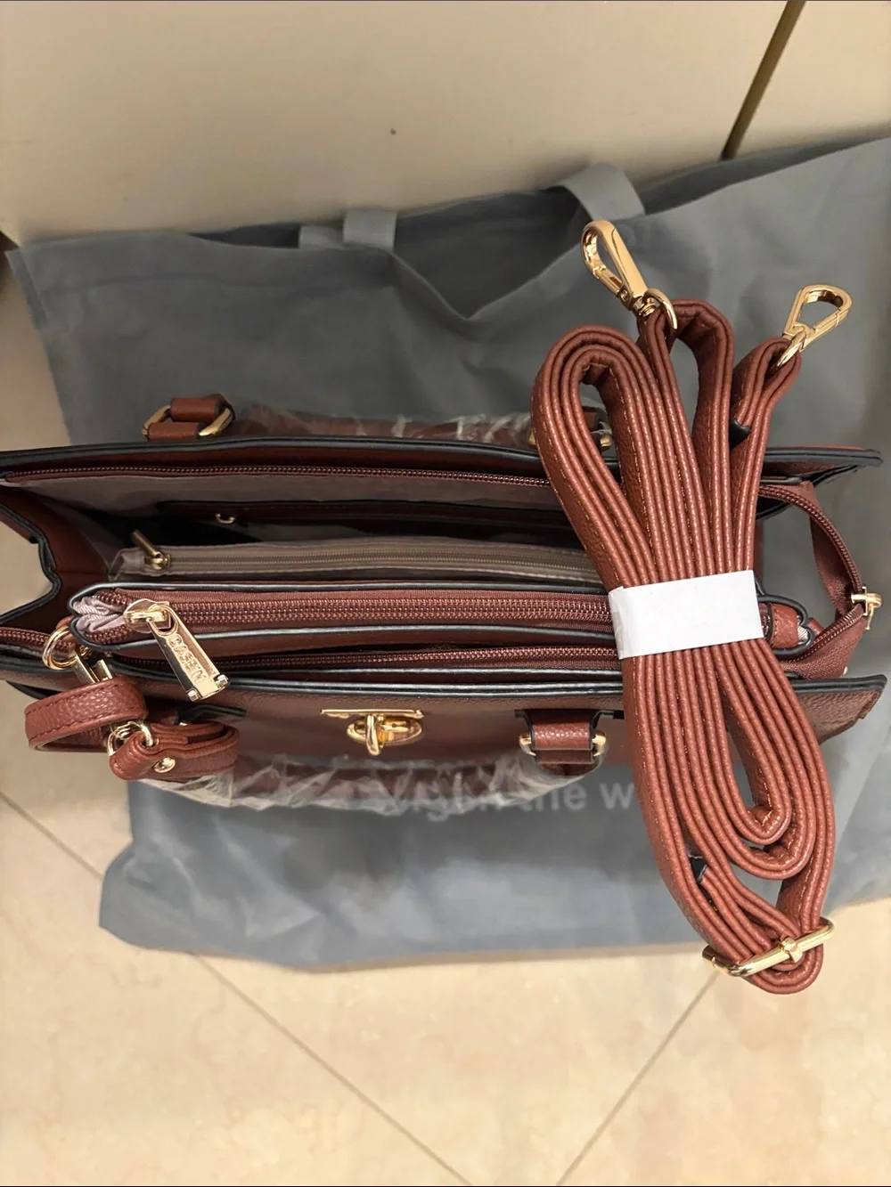 Classic Structured Satchel in Brown with Gold Accents